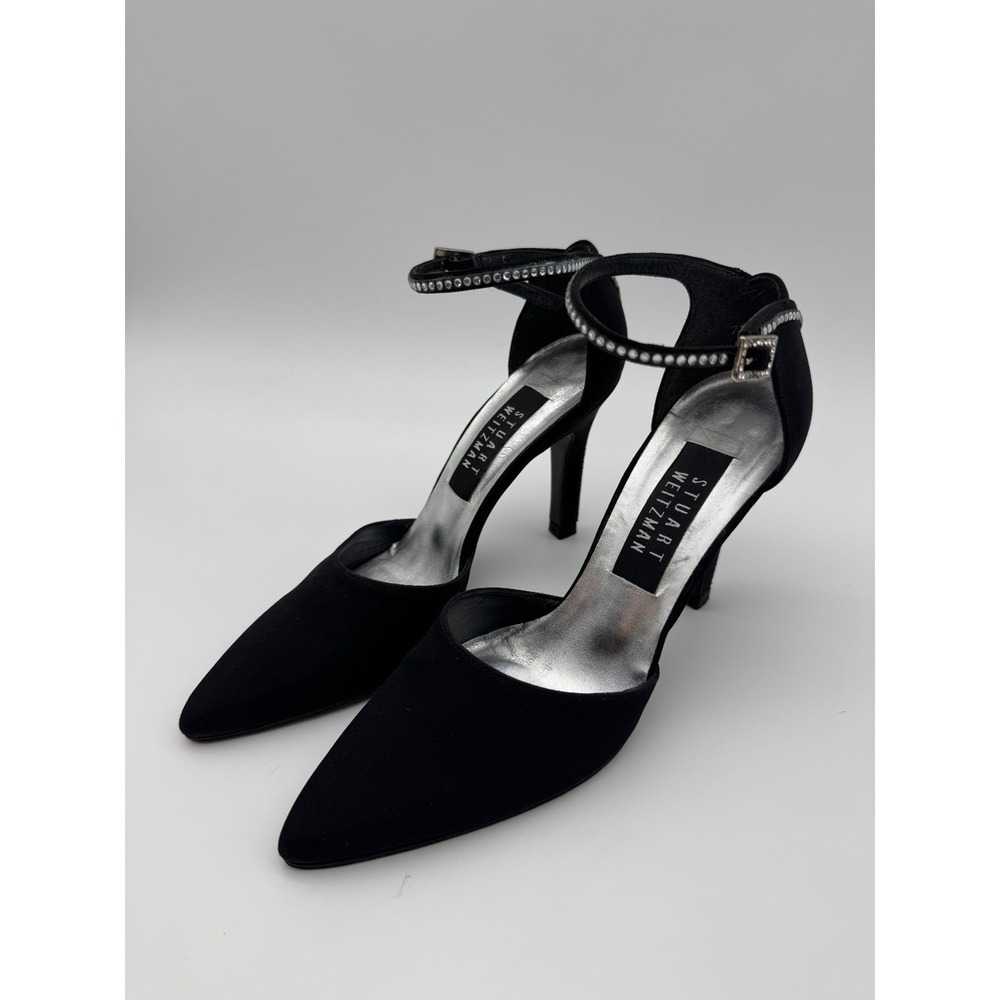Stuart Weitzman Black Satin Rhinestone Heel Ankle Strap Pumps Women's Size 7W